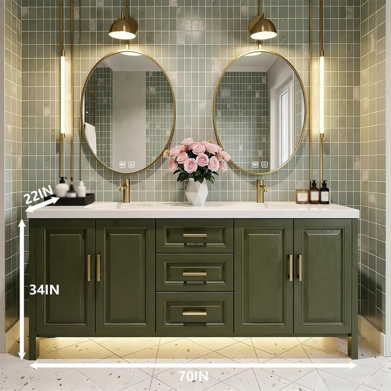 70"Large Olive Bathroom Vanity with Double Sink Green ,Floor Mount Design