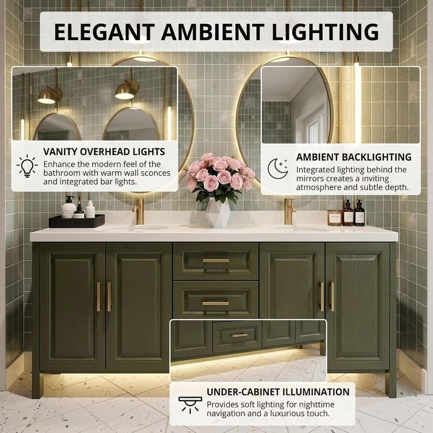 60"-96"Large Olive Bathroom Vanity with Double Sink Green ,Floor Mount Design