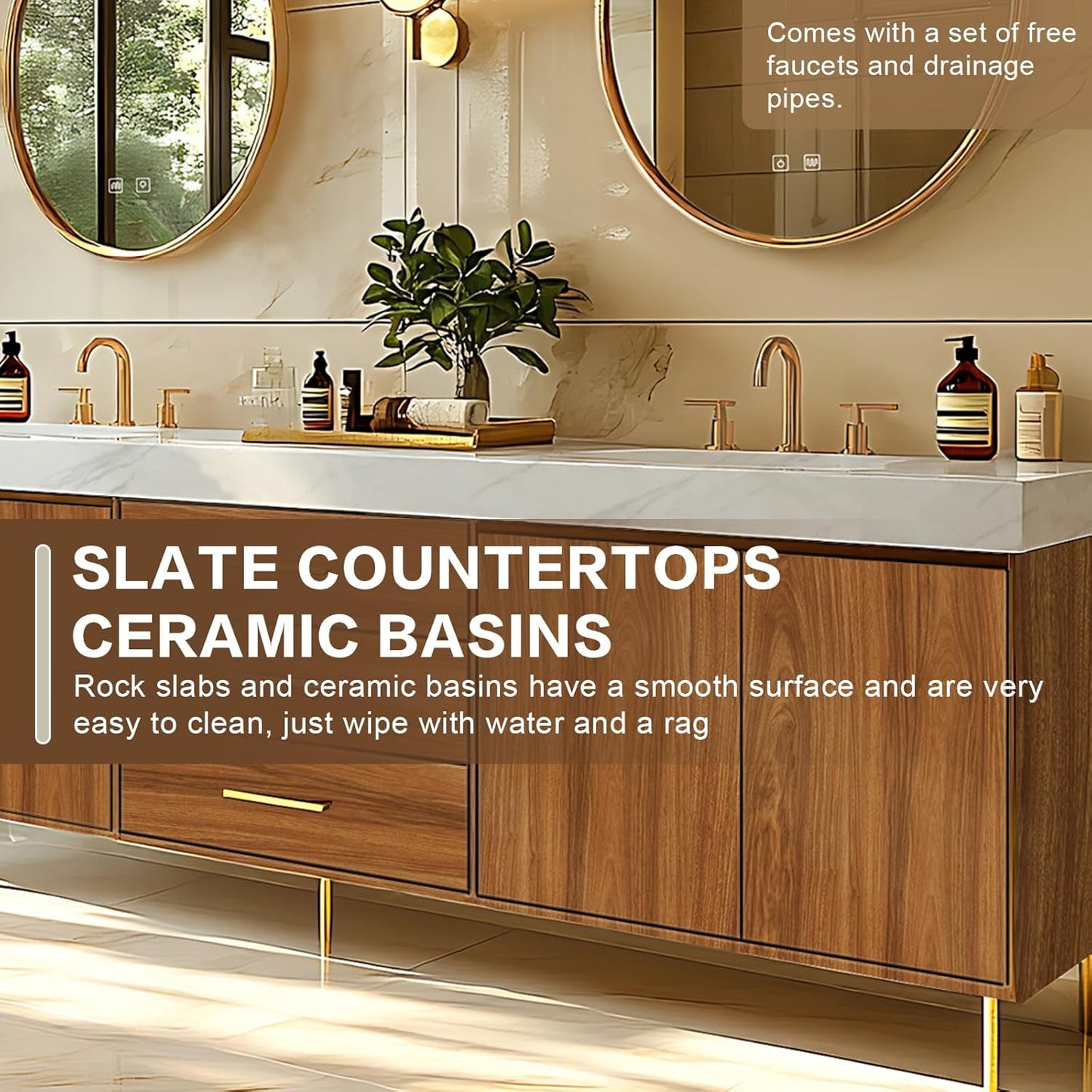 88"Retro Bathroom Vanity with Double Sinks Includes Symmetrical Cabinet & Round Mirror