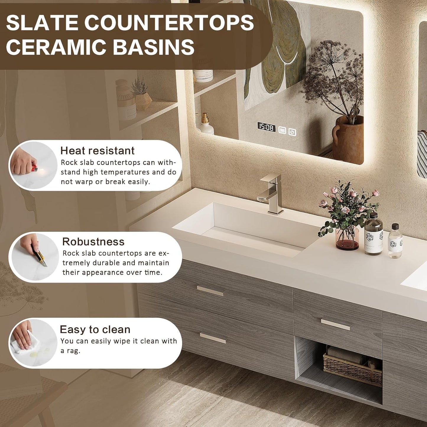78"Modern Bathroom Vanity with Double Sinks Includes Five Gray Wood Design Drawers