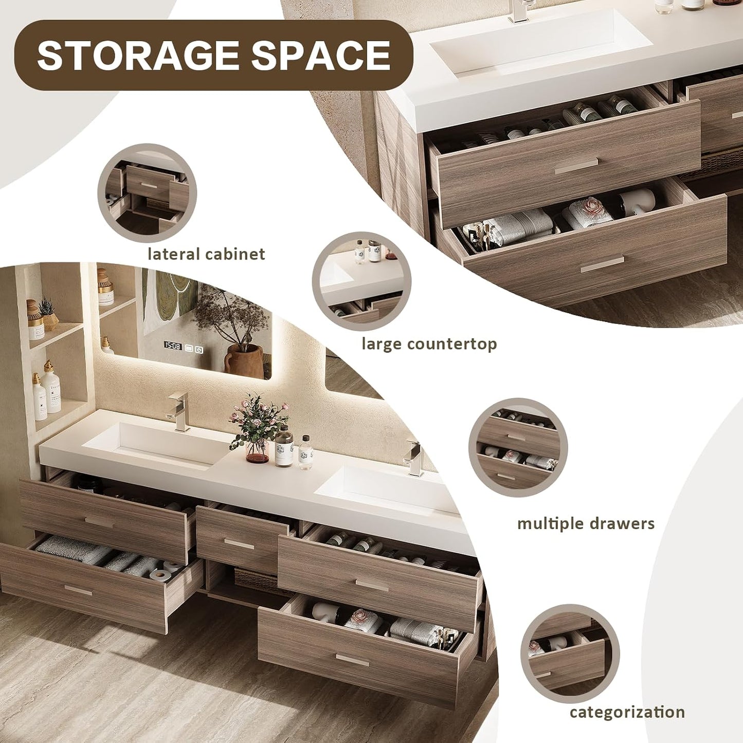 78"Modern Bathroom Vanity with Double Sinks Includes Five Gray Wood Design Drawers