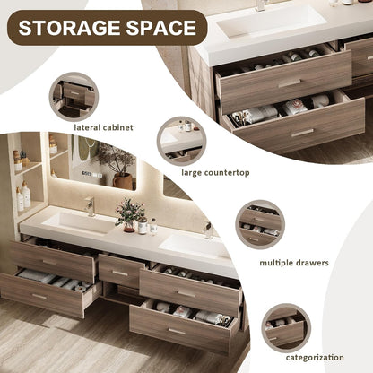 78"Modern Bathroom Vanity with Double Sinks Includes Five Gray Wood Design Drawers