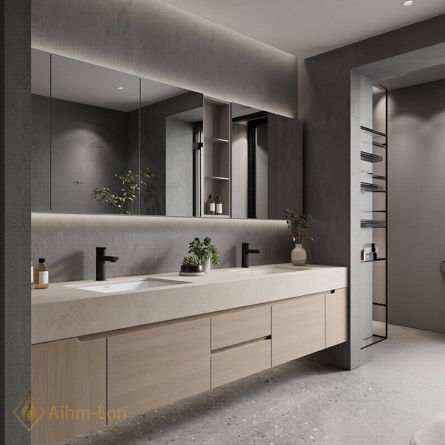 60''-96'' Double Bathroom Vanity with Sink Light-Wood Modern Grain Floating Countertop