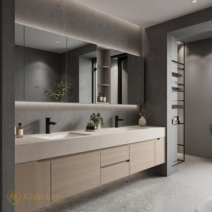 60''-96'' Double Bathroom Vanity with Sink Light-Wood Modern Grain Floating Countertop