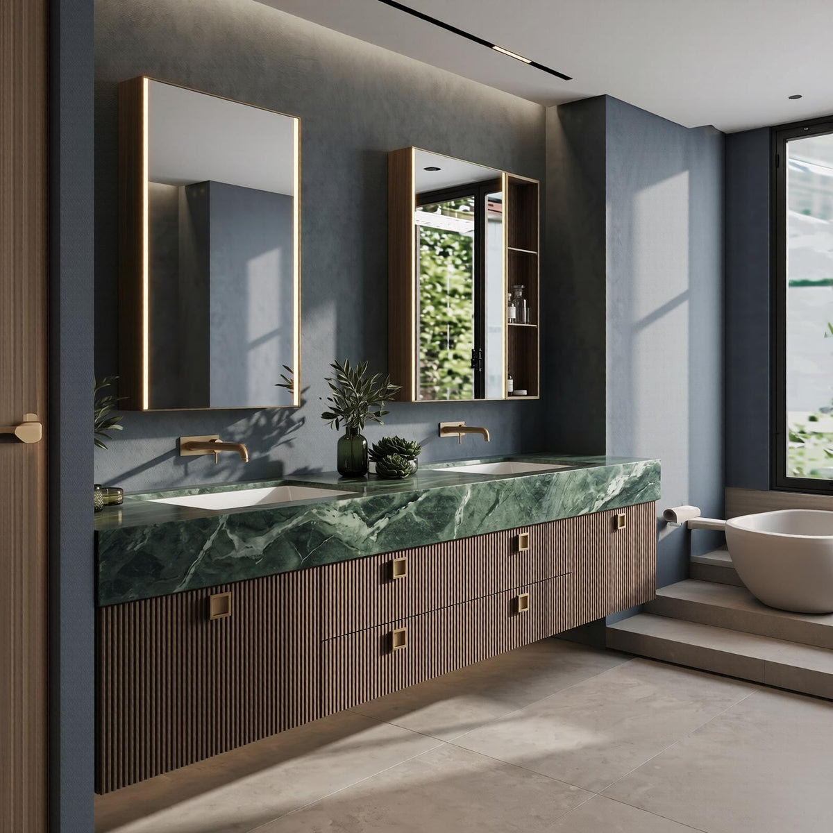 60''-96'' Double Bathroom Vanity with Sink Modern Green Marble Top Slatted Panels