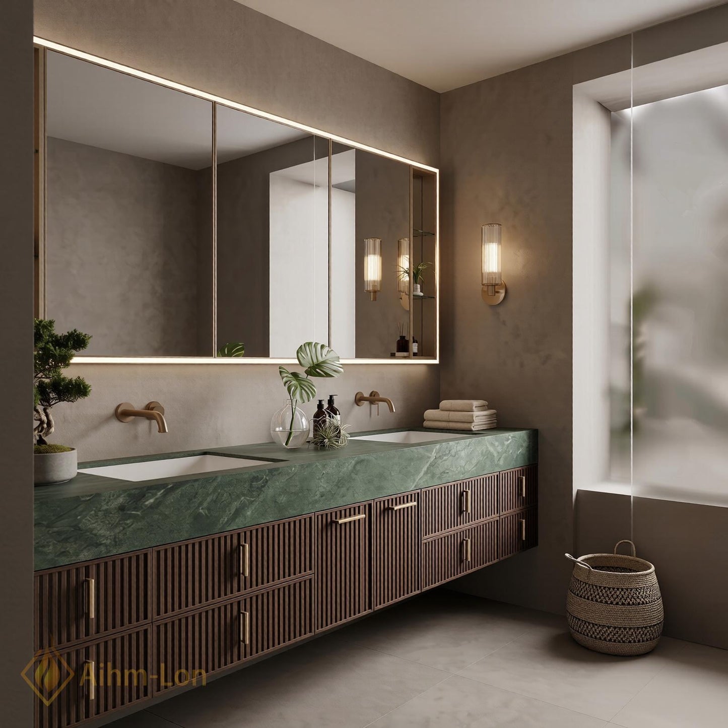 72''-96'' Double Bathroom Vanity with Sink Dark-Walnut Green Modern Floating Slatted