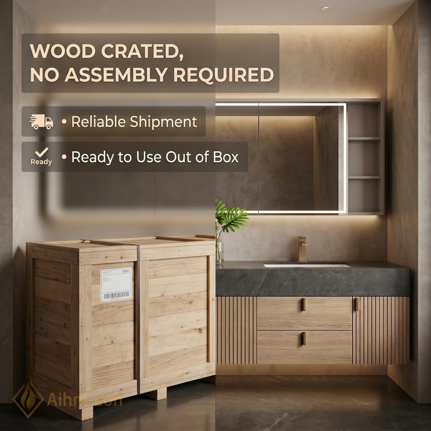 70''-96'' Modern Double Bathroom Vanity with Sink Floating Dark Stone Center Slatted