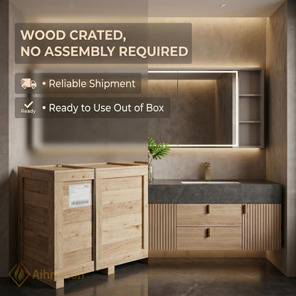 70''-96'' Modern Double Bathroom Vanity with Sink Floating Dark Stone Center Slatted