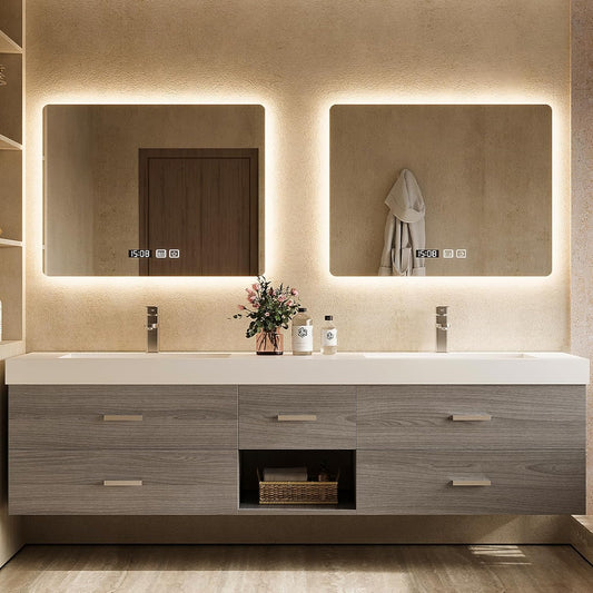78"Modern Bathroom Vanity with Double Sinks Includes Five Gray Wood Design Drawers