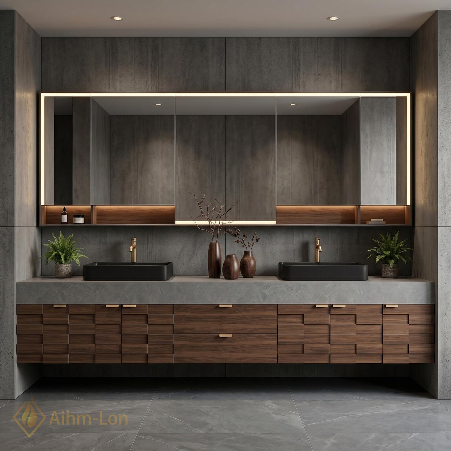 72''-96'' Double Bathroom Vanity with Sink Charcoal Walnut Modern Floating Stone-Top