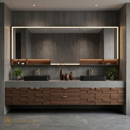 72''-96'' Double Bathroom Vanity with Sink Charcoal Walnut Modern Floating Stone-Top