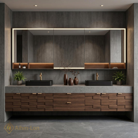 72''-96'' Double Bathroom Vanity with Sink Charcoal Walnut Modern Floating Stone-Top