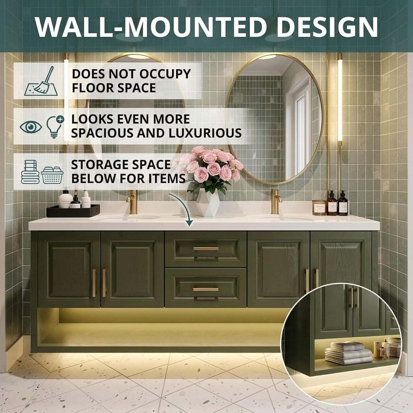 60"-96"Large Olive Bathroom Vanity with Double Sink Green ,Floor Mount Design