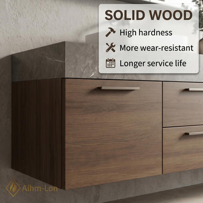60''-96'' Double Bathroom Vanity with Sink Basin Woodgrain Finish Slatted Open Shelving