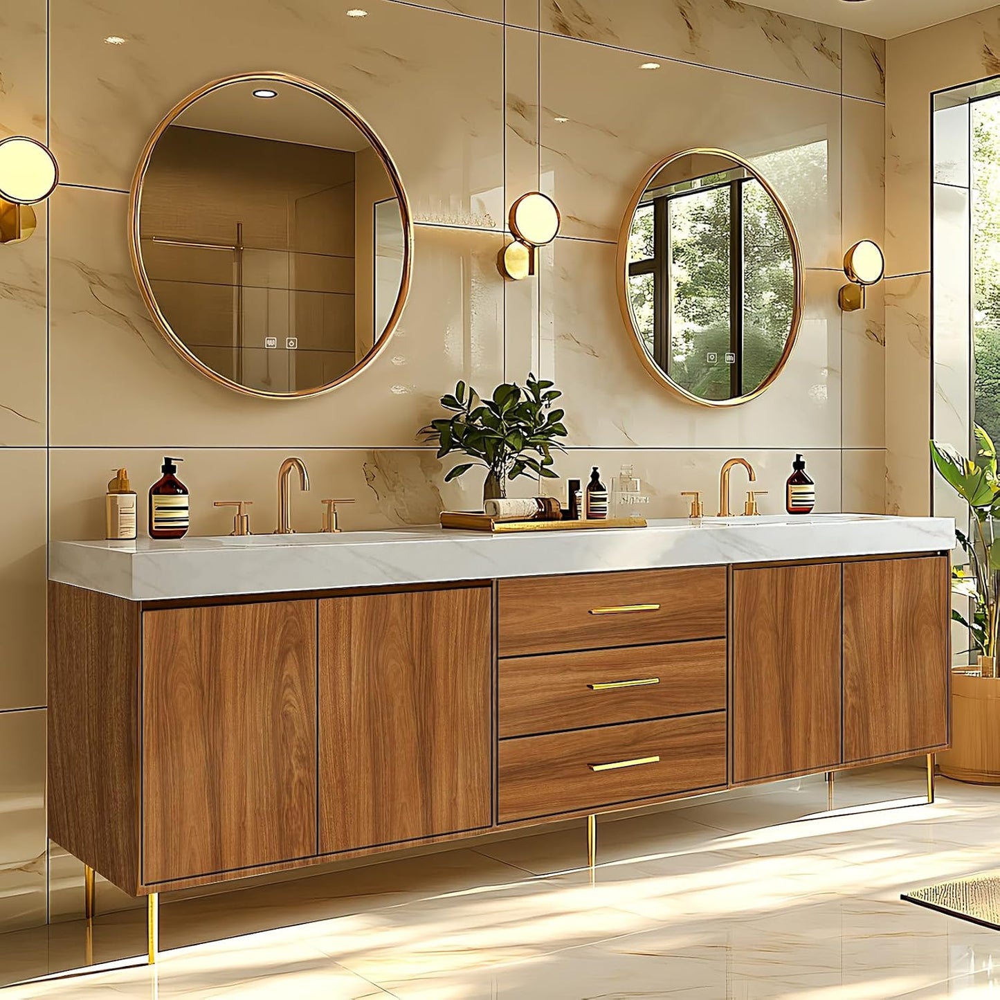 88"Retro Bathroom Vanity with Double Sinks Includes Symmetrical Cabinet & Round Mirror