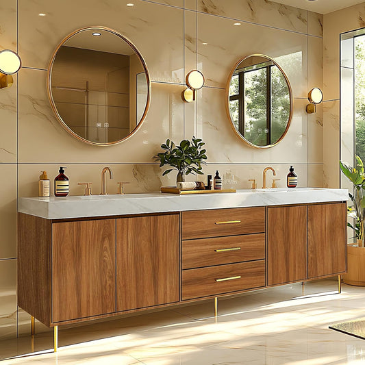 88"Retro Bathroom Vanity with Double Sinks Includes Symmetrical Cabinet & Round Mirror