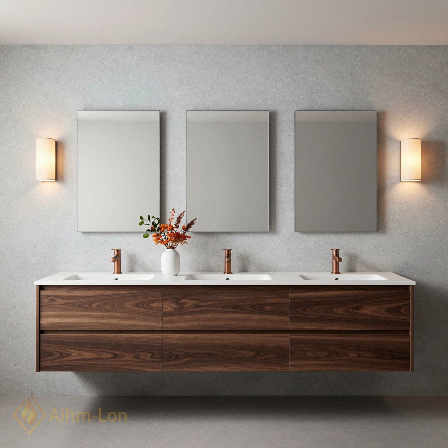 78''-96'' Modern Bathroom Vanity with Sink Triple Floating Dark Wood Grain Mirror Set