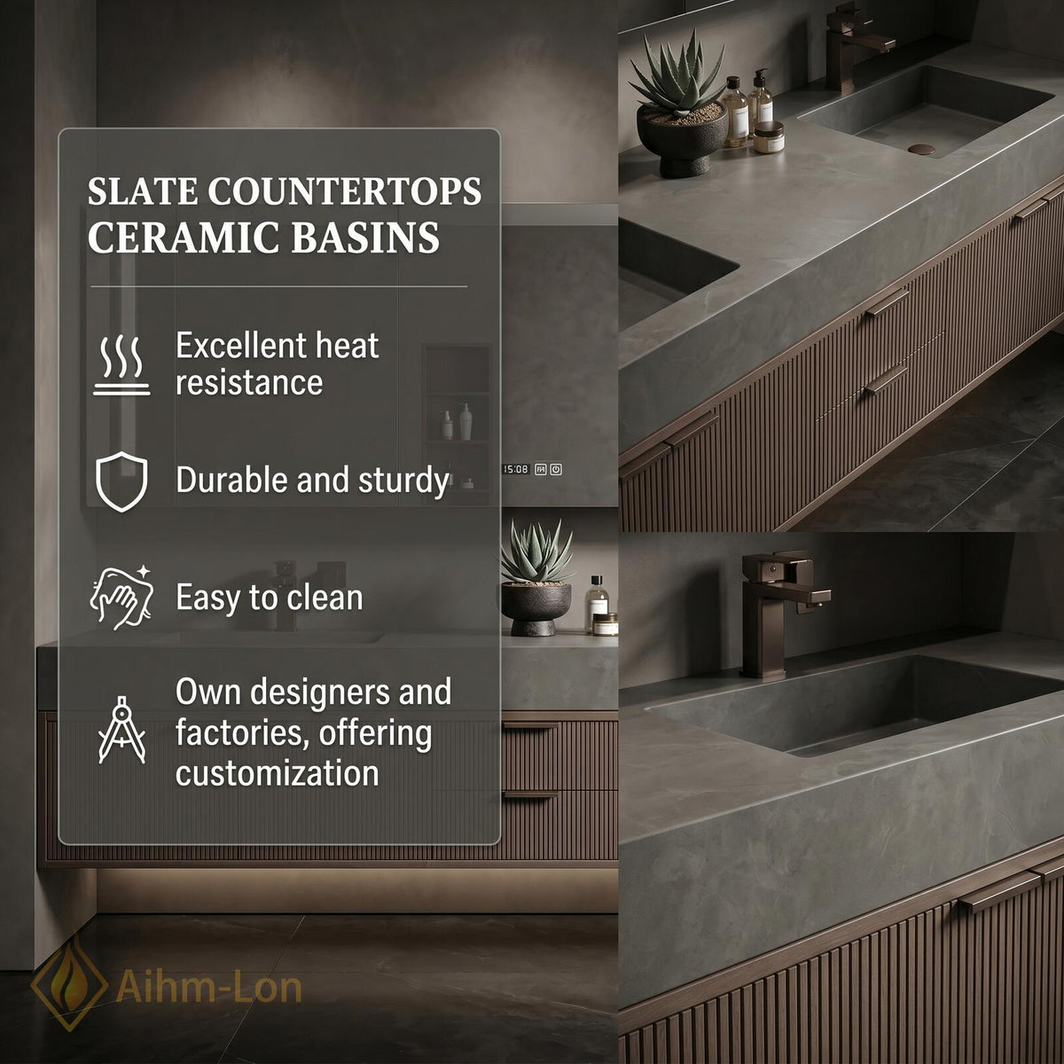 60''-96'' Double Bathroom Vanity with Sink Modern Floating Dark Walnut Slatted Panels