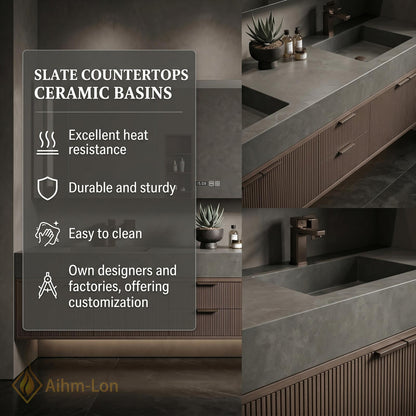 60''-96'' Double Bathroom Vanity with Sink Modern Floating Dark Walnut Slatted Panels