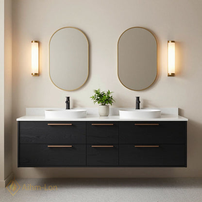 60''-96'' Modern Bathroom Vanity with Sink Floating Charcoal Wood Grain White Oval Mirrors