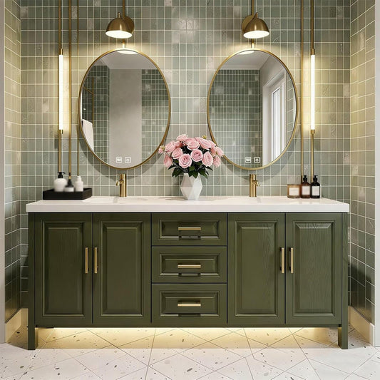 70"Large Olive Bathroom Vanity with Double Sink Green ,Floor Mount Design