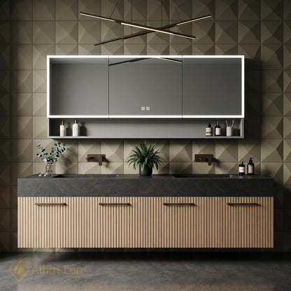 60''-96'' Double Bathroom Vanity with Sink Modern Floating Dark Stone Top Slatted