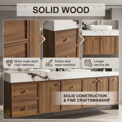78''-96'' Double Bathroom Vanity with Sink Marble Style Top Warm Wood Finish