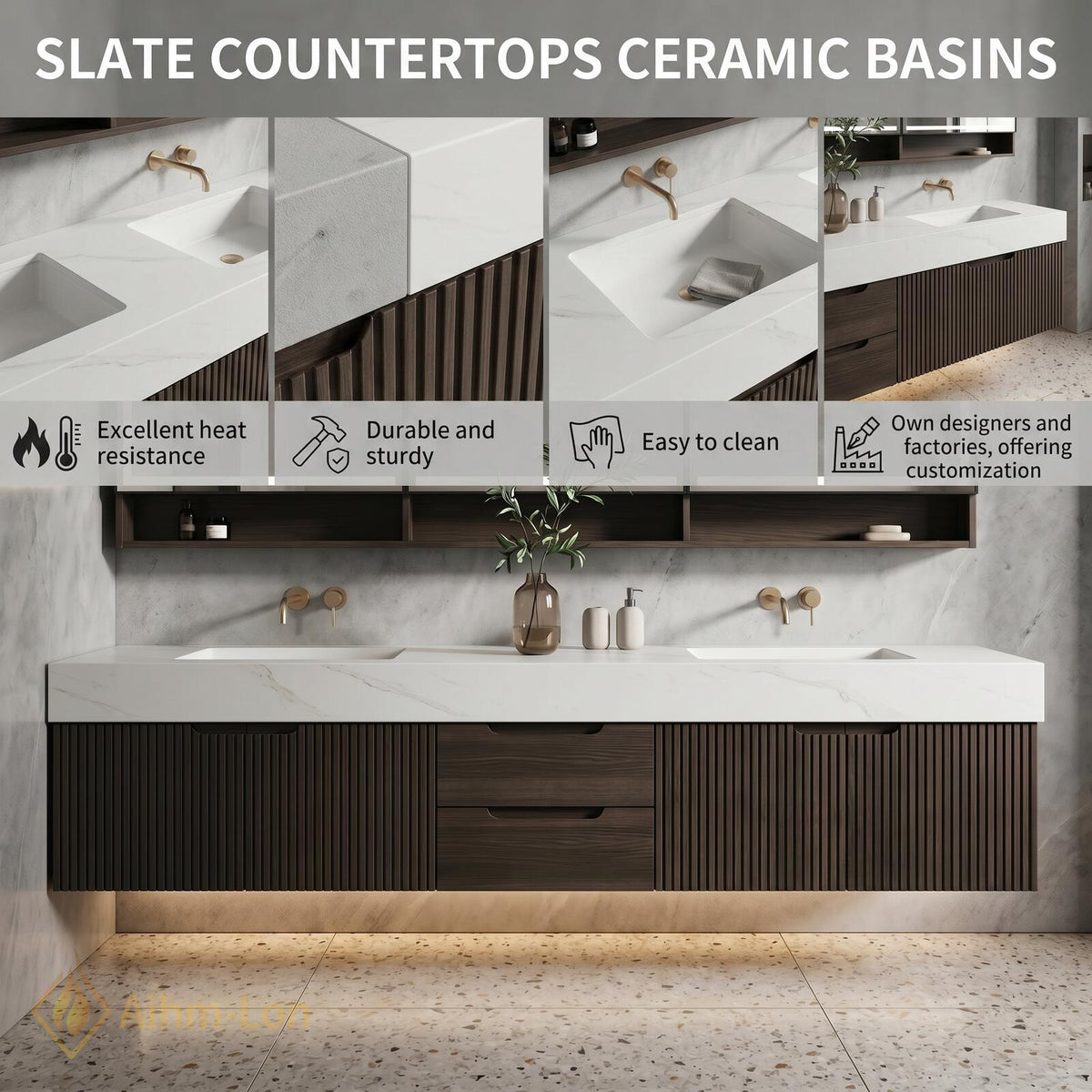60''-96'' Bathroom Vanity with Sink Modern Floating Two Dark Walnut Finish Slatted