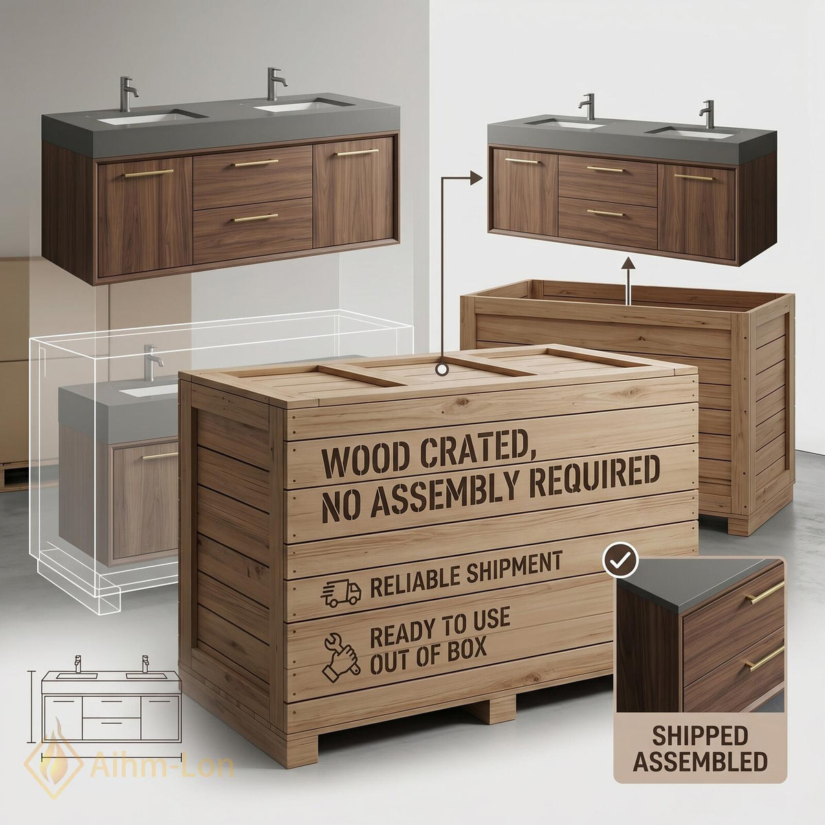 60''-96'' Double Bathroom Vanity with Sink Floating Warm Wood-Grain Finish Drawer Unit