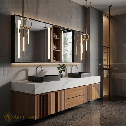60''-96'' Double Bathroom Vanity with Sink Floating Double White Marble Slatted Wood