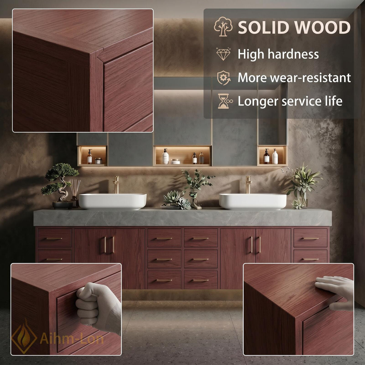 78''-96'' Double Bathroom Vanity with Sink Floating Double Burgundy Finish Muted Spacious