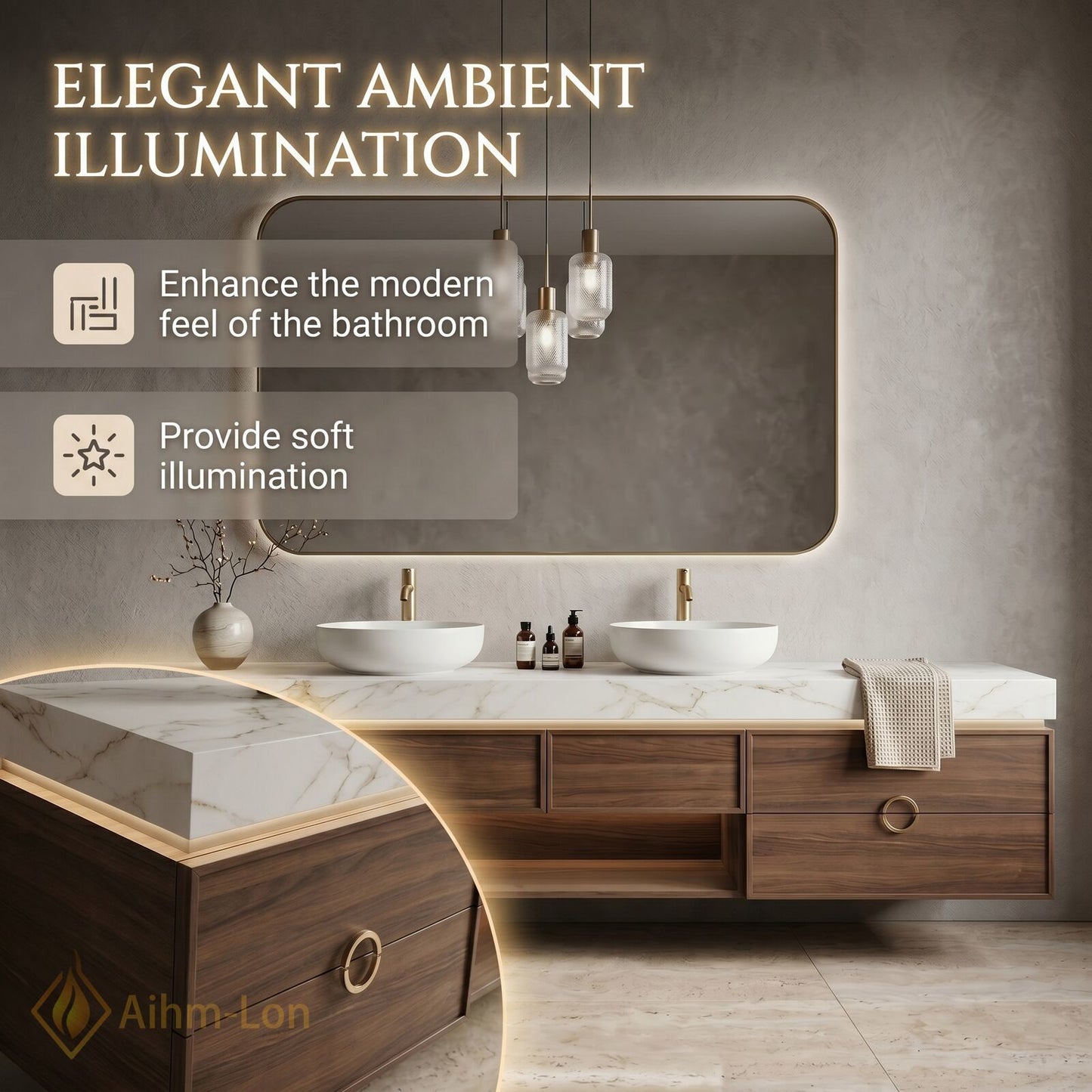 60''-96'' Double Bathroom Vanity with Sink Modern Units Natural Marble Top Integrated