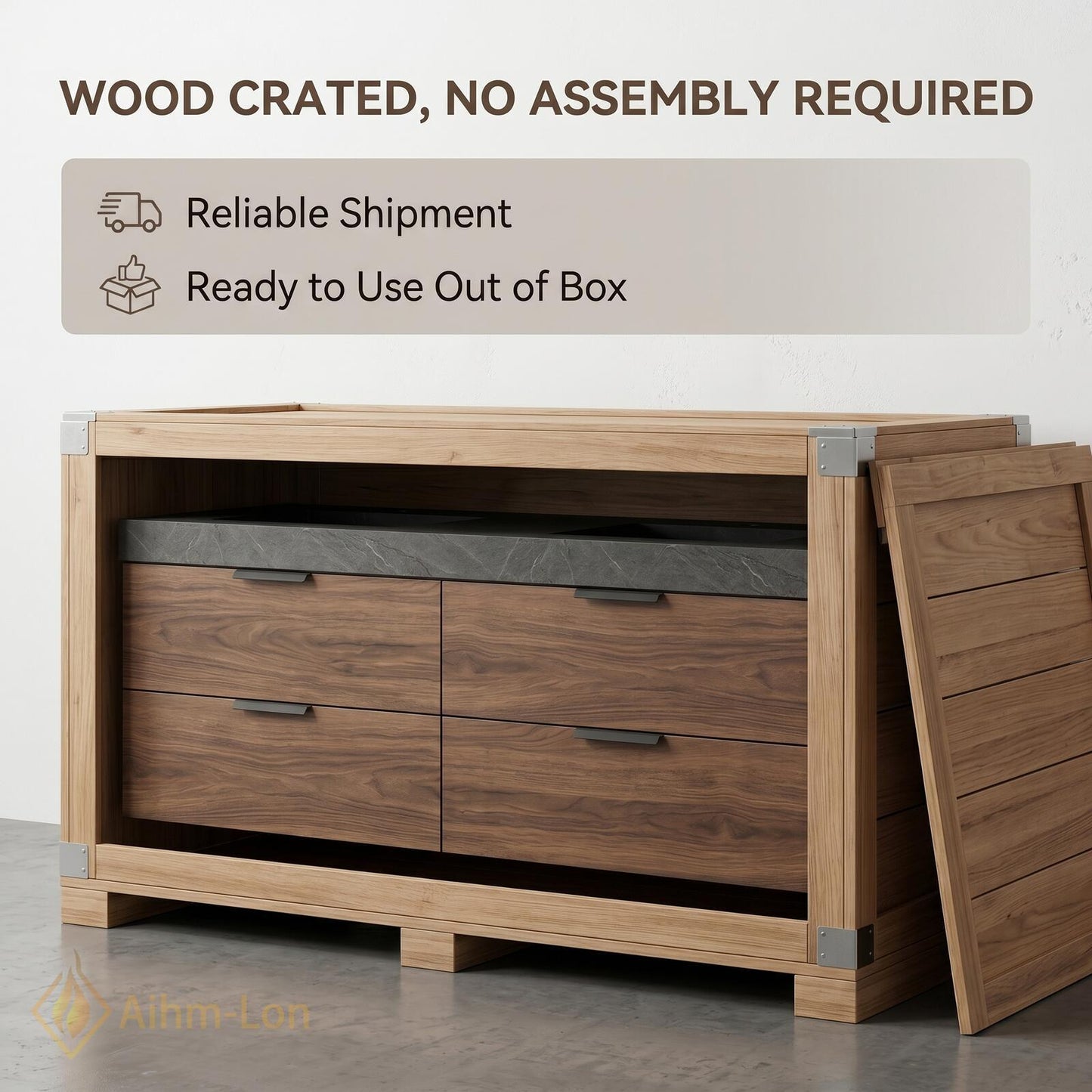 60''-96'' Double Bathroom Vanity with Sink Dark-Walnut Modern Floating Drawers Open