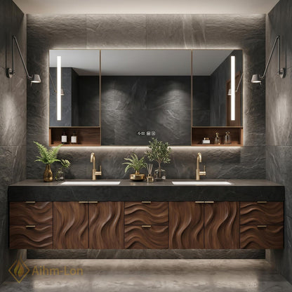 70''-96'' Bathroom Vanity with Sink Modern Floating Wavy Wood Grain Doors Dark