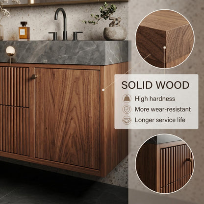 70''-96'' Modern Bathroom Vanity with Sink Double Sink Dark Stone Warm Walnut Cabinet
