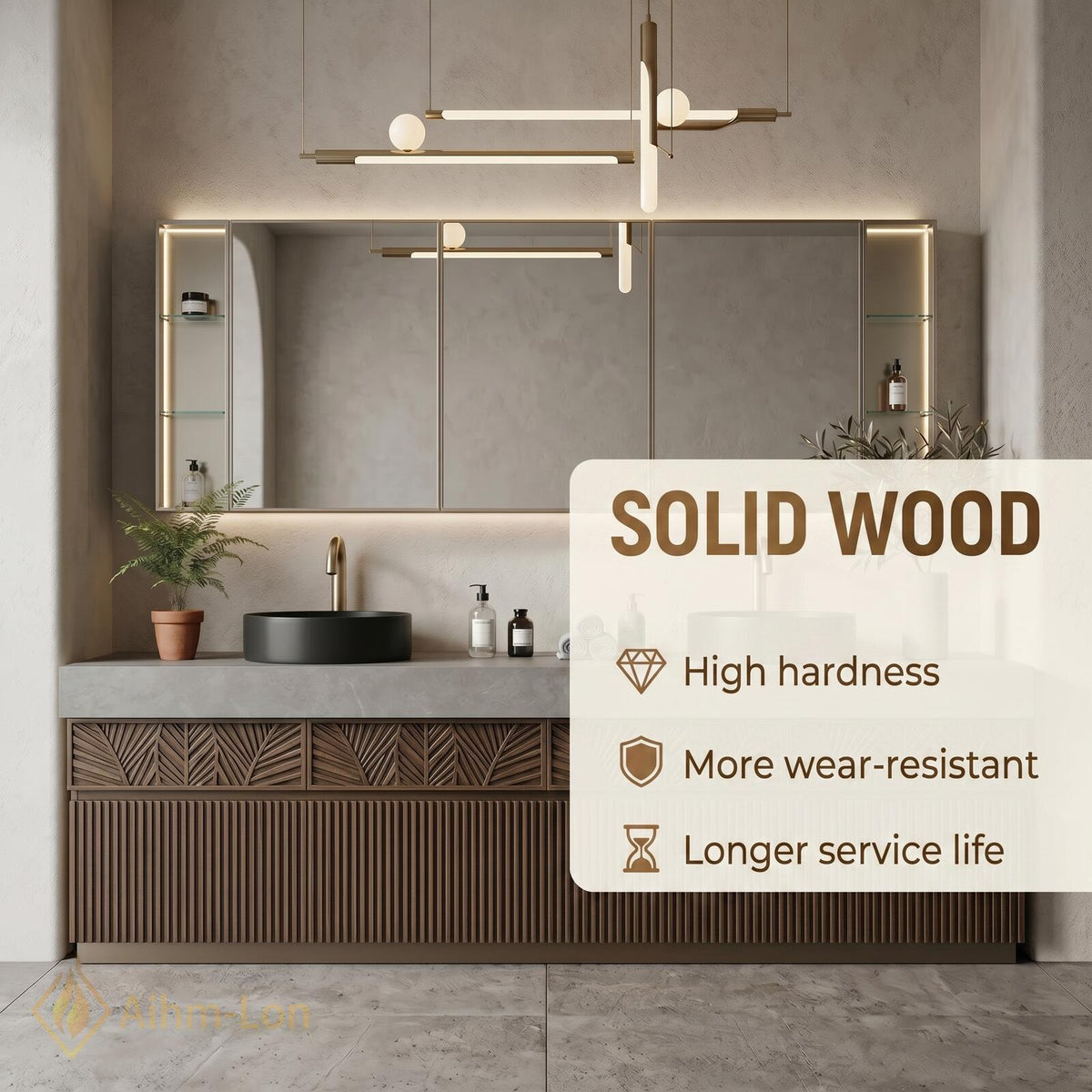 60''-96'' Double Bathroom Vanity with Sink Carved Leaf Drawers Dark Wood Rustic Tone