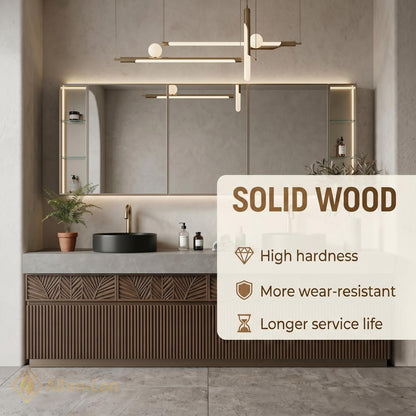 60''-96'' Double Bathroom Vanity with Sink Carved Leaf Drawers Dark Wood Rustic Tone