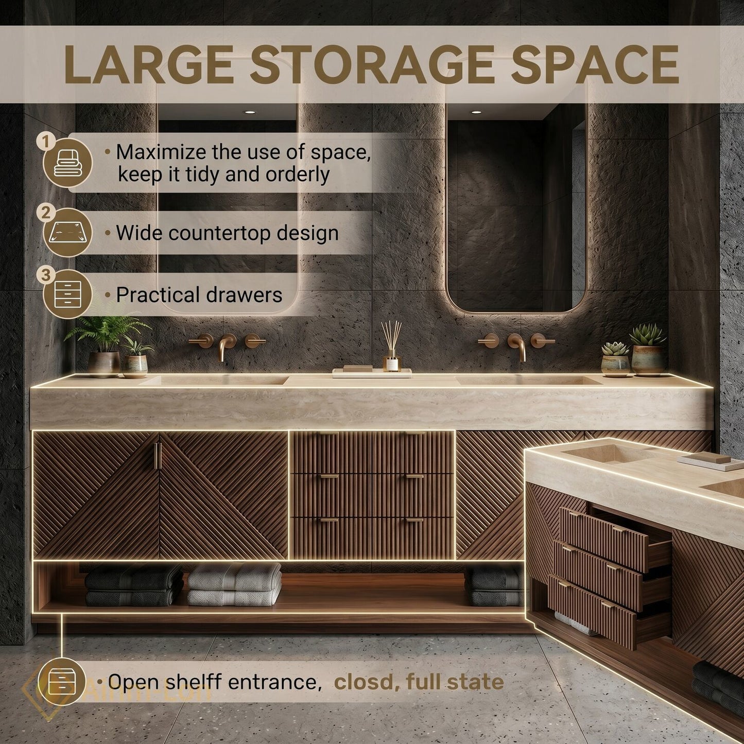 72''-96'' Double Bathroom Vanity with Sink Geometric Wood Doors Stone-Effect Countertop Stone