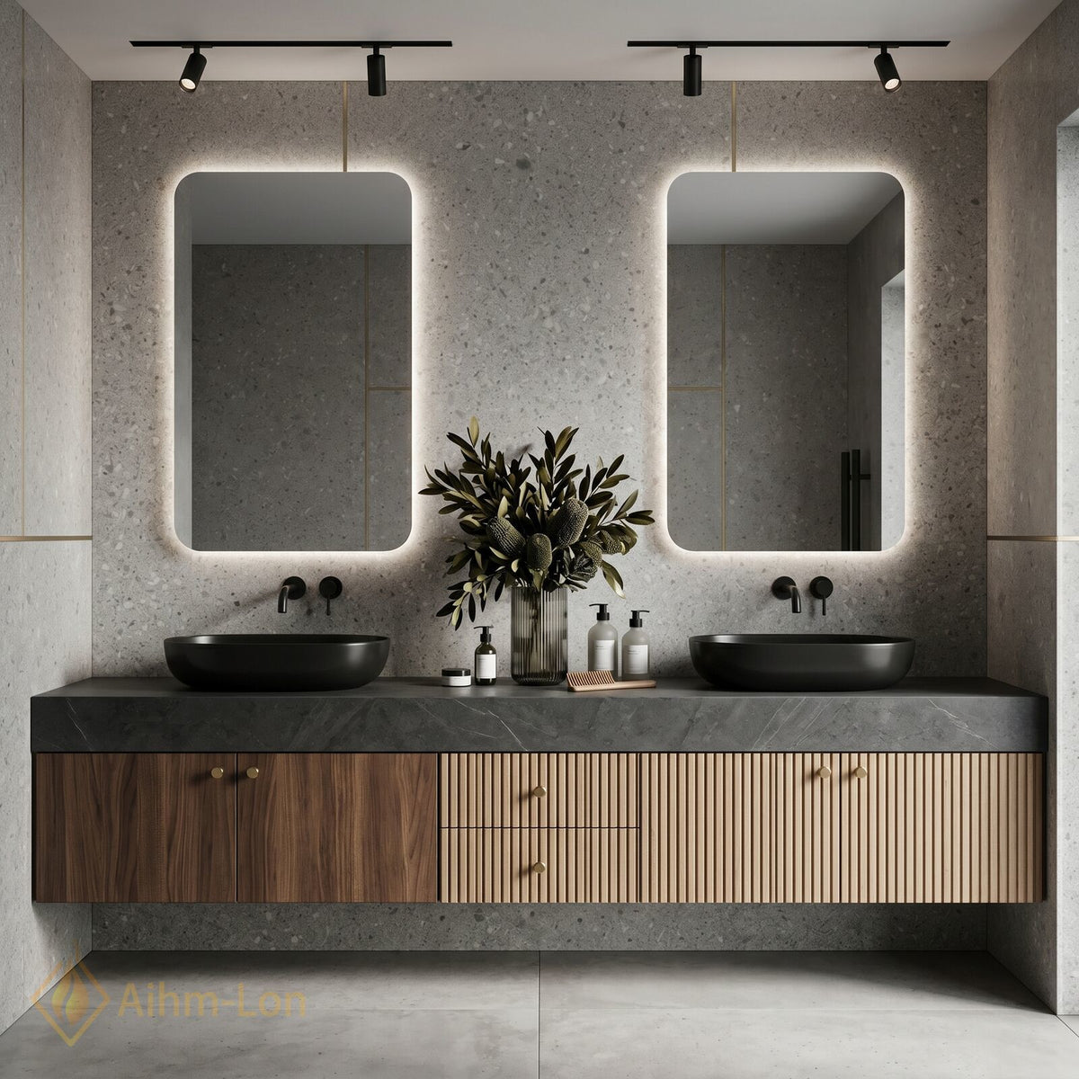 60''-96'' Double Bathroom Vanity with Sink Dark Stone Top Warm Wood Cabinet