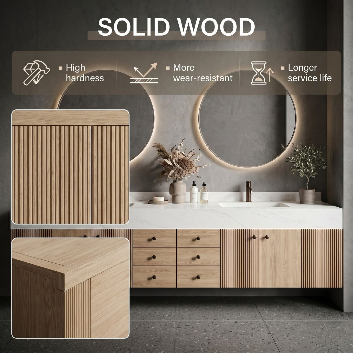 78''-96'' Modern Bathroom Vanity with Sink Double Sink Vertical Slatted Wood Grain Cabinet