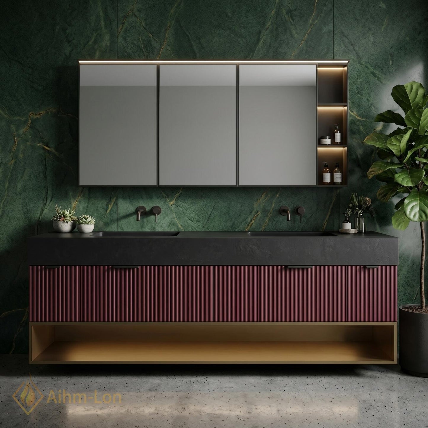 60''-96'' Floating Bathroom Vanity with Sink Ribbed Front Panels Deep Burgundy Tone