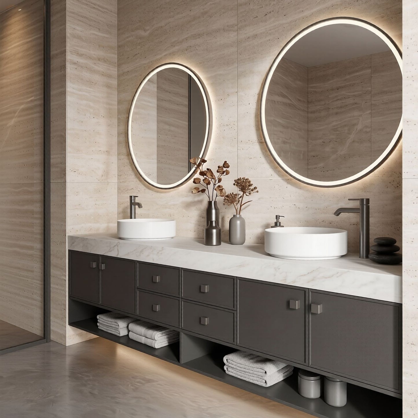70''-96'' Double Bathroom Vanity with Sink Marble Top Open Shelved Base Spacious Cabinet