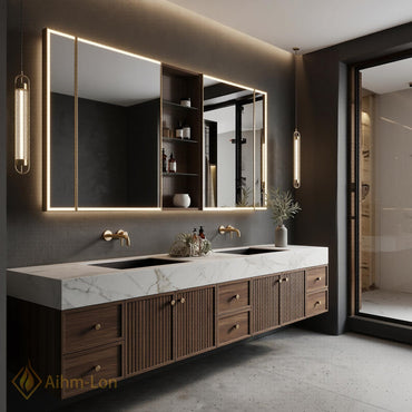 76''-96'' Double Bathroom Vanity with Sink Floating Double Dark Walnut Slatted Front