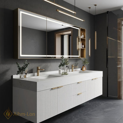 60''-96'' Double Bathroom Vanity with Sink Sleek Floating Ribbed Doors Stone-Effect Top