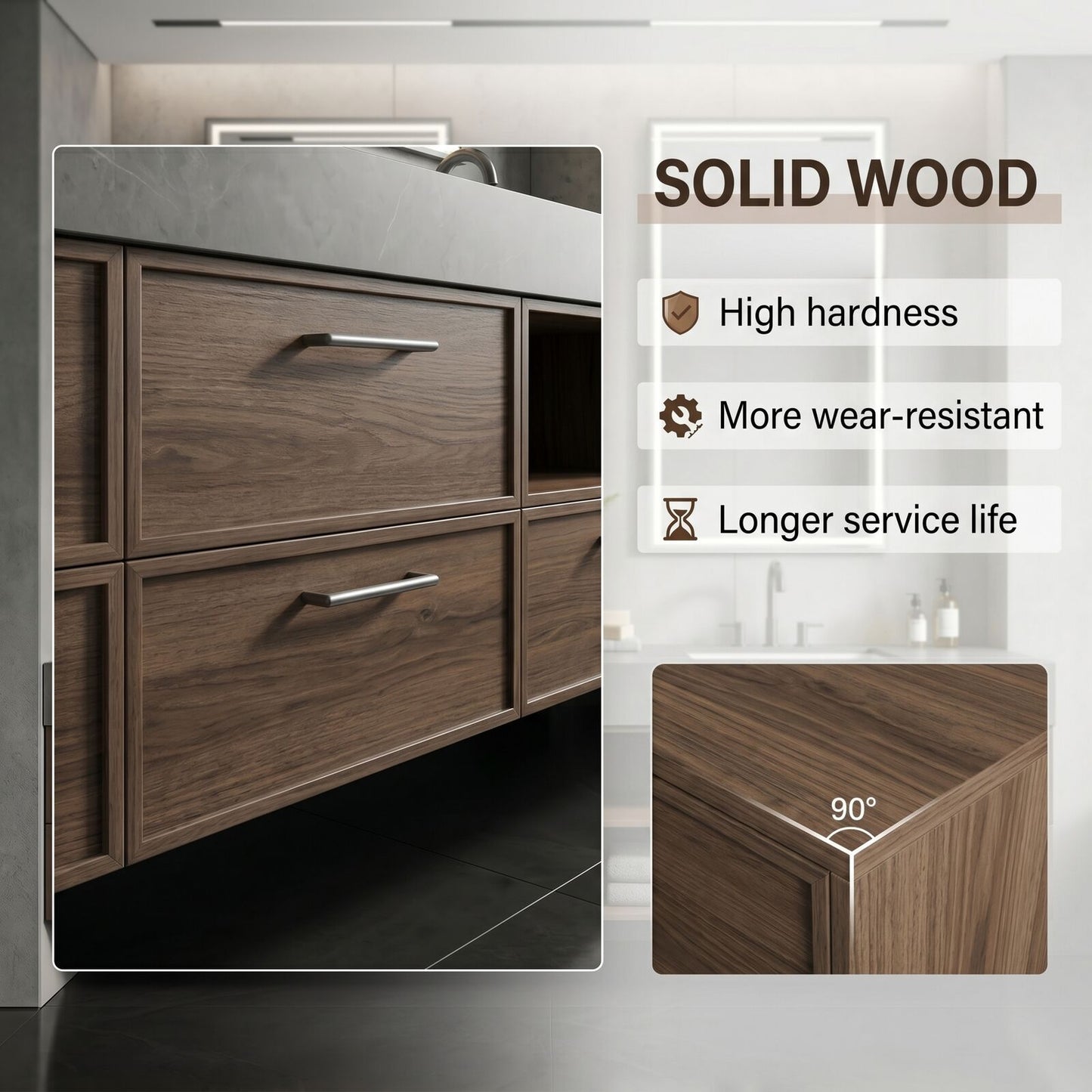 60''-96'' Modern Bathroom Vanity with Sink Double Sink Dark Wood Grain Center Open Shelf