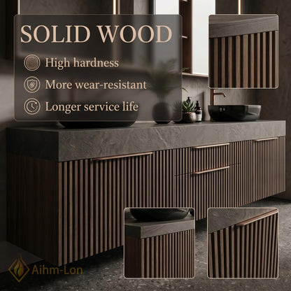 60''-96'' Double Bathroom Vanity with Sink Ribbed Wood Panels Marble Top Shelving