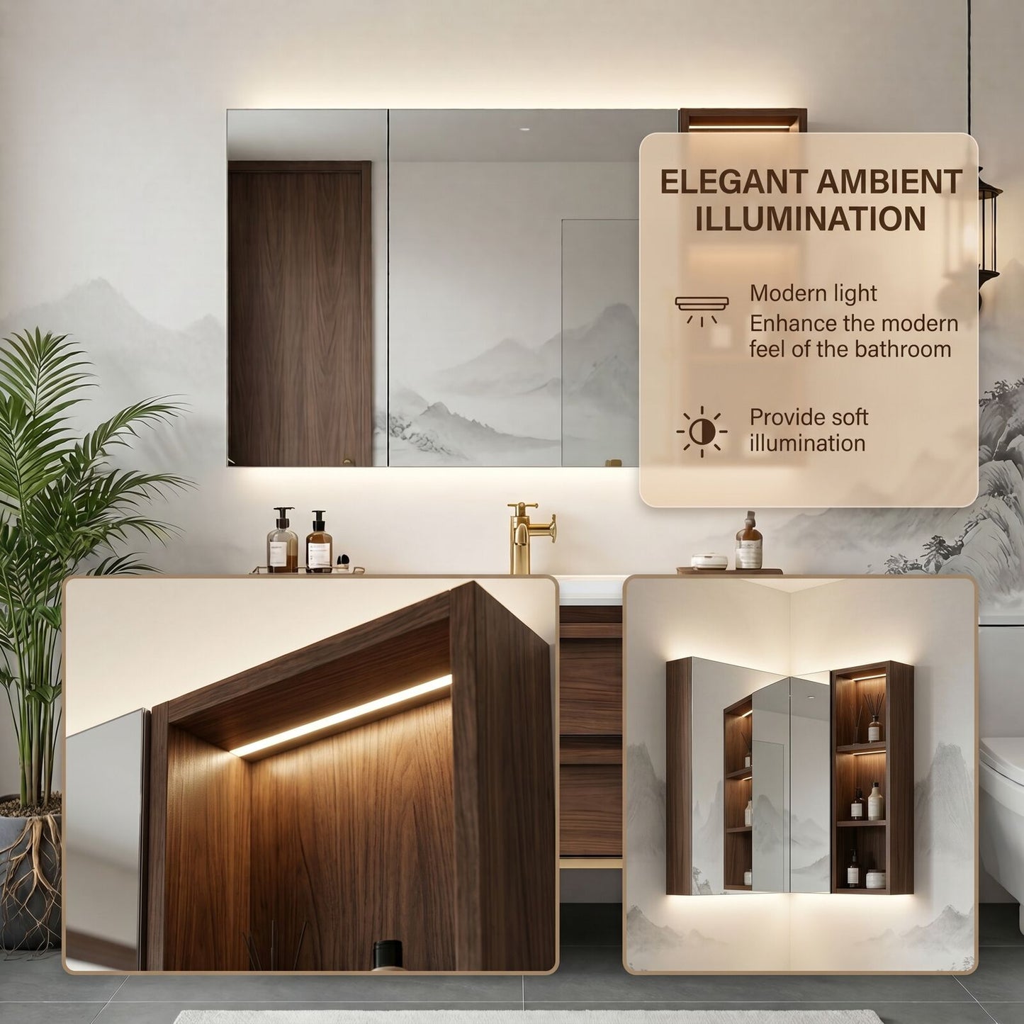 36''-64'' Floating Bathroom Vanity with Sink Dark Wood Grain Open Shelf Cabinet