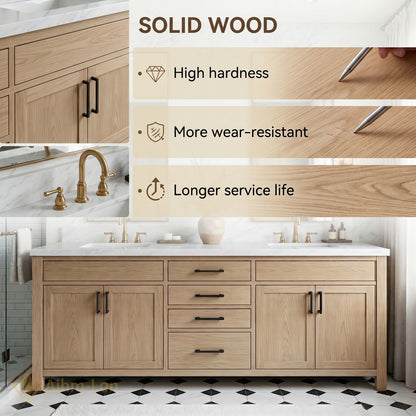 60''-96'' Double Bathroom Vanity with Sink Marble Top Solid Wood Six Drawers Glass Doors Cabinet