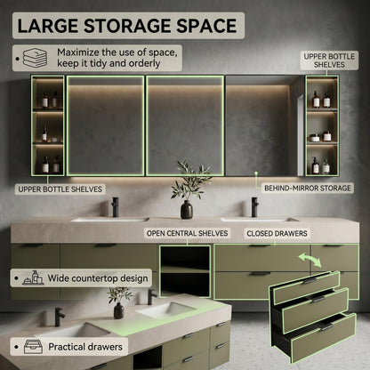 60''-96'' Double Bathroom Vanity with Sink Modern Floating Matte Olive Green Open Shelving