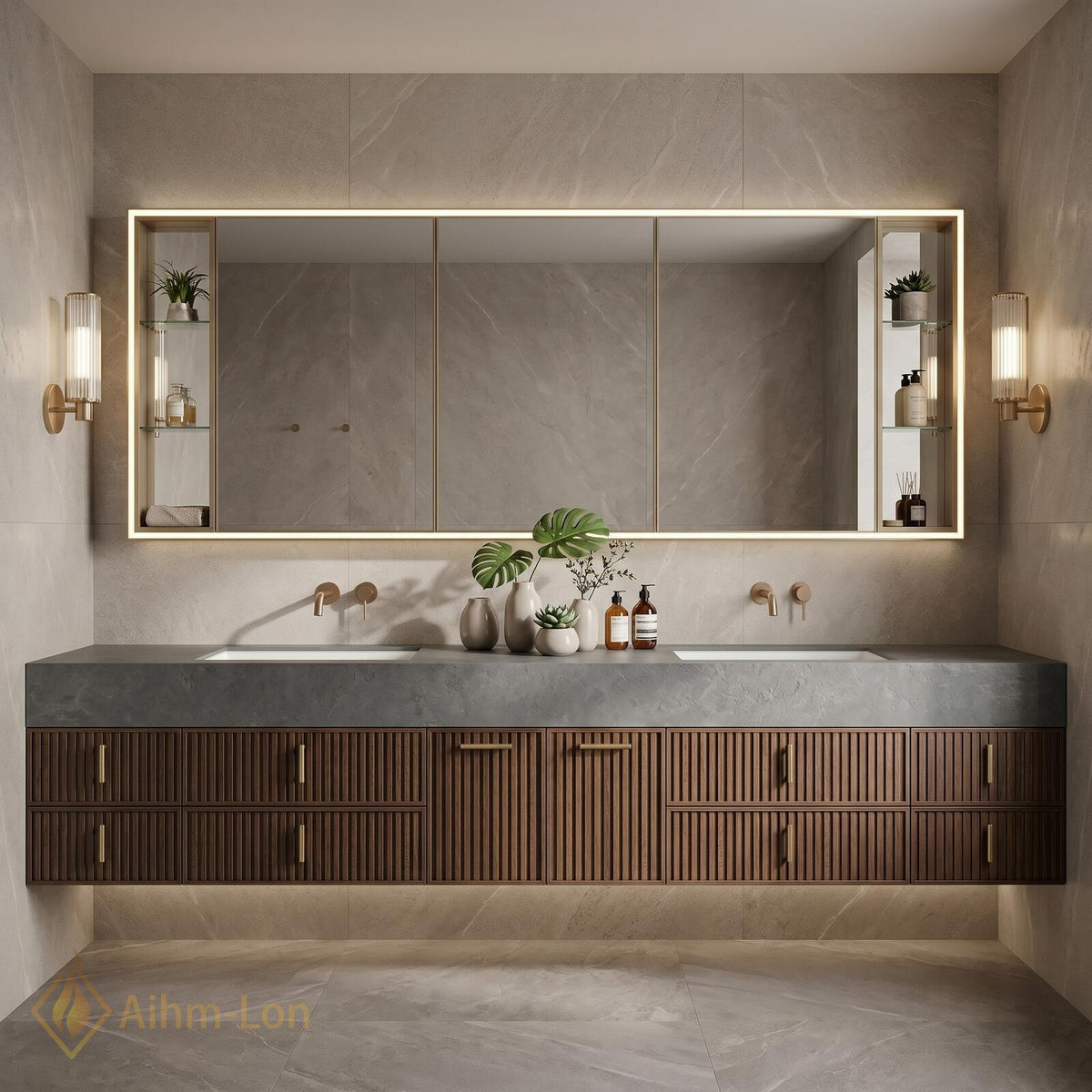 60''-96'' Double Bathroom Vanity with Sink Modern Floating Slatted Wood Panels Dark